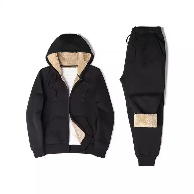 Moda masculina forrado de lã engrossado cardigan moletom com capuz terno esportivo outono/inverno conjunto casual ao ar livre