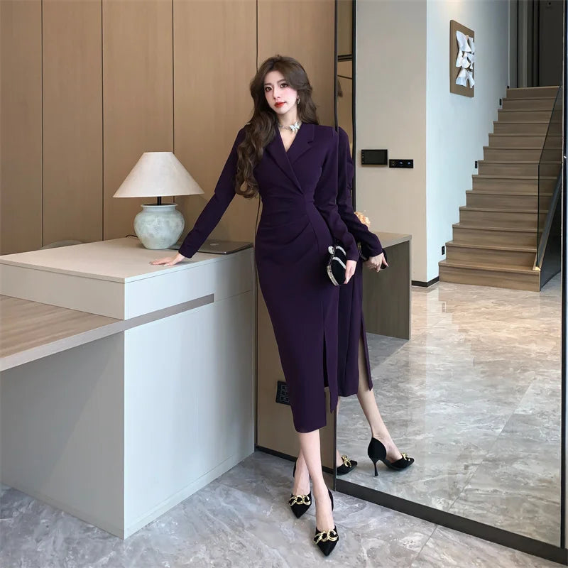 Purpled elegante plissado bodycon terno vestido para mulher 2025 moda coreana vestido formal outono inverno chique sob medida vestido de ocasião