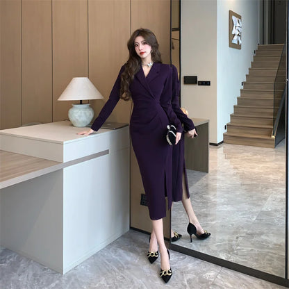 Purpled elegante plissado bodycon terno vestido para mulher 2025 moda coreana vestido formal outono inverno chique sob medida vestido de ocasião