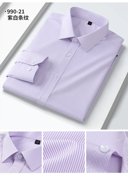 Camisa elástica anti-rugas masculina, manga comprida, slim fit, blusa social e de negócios, vestido branco, qualidade
