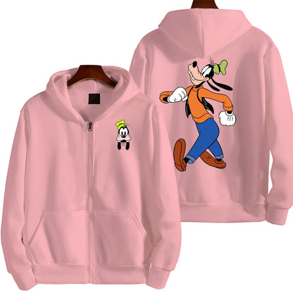 Goofy masculino impressão dos desenhos animados hoodie primavera outono feminino moletom de grandes dimensões com zíper novo casal rua moda casaco