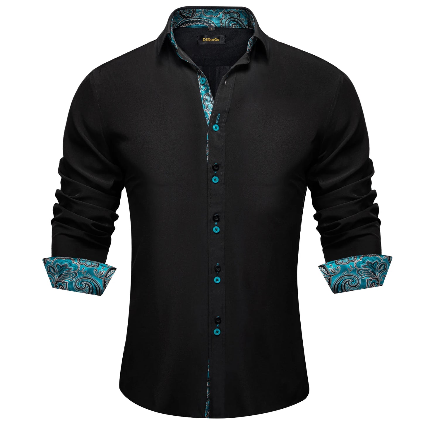 DiBanGu Camisa Masculina de Manga Longa Preto Sólido Vermelho Paisley Cor Contraste Moda Vestido Camisa para Homens Gola Botão para baixo Roupas Masculinas