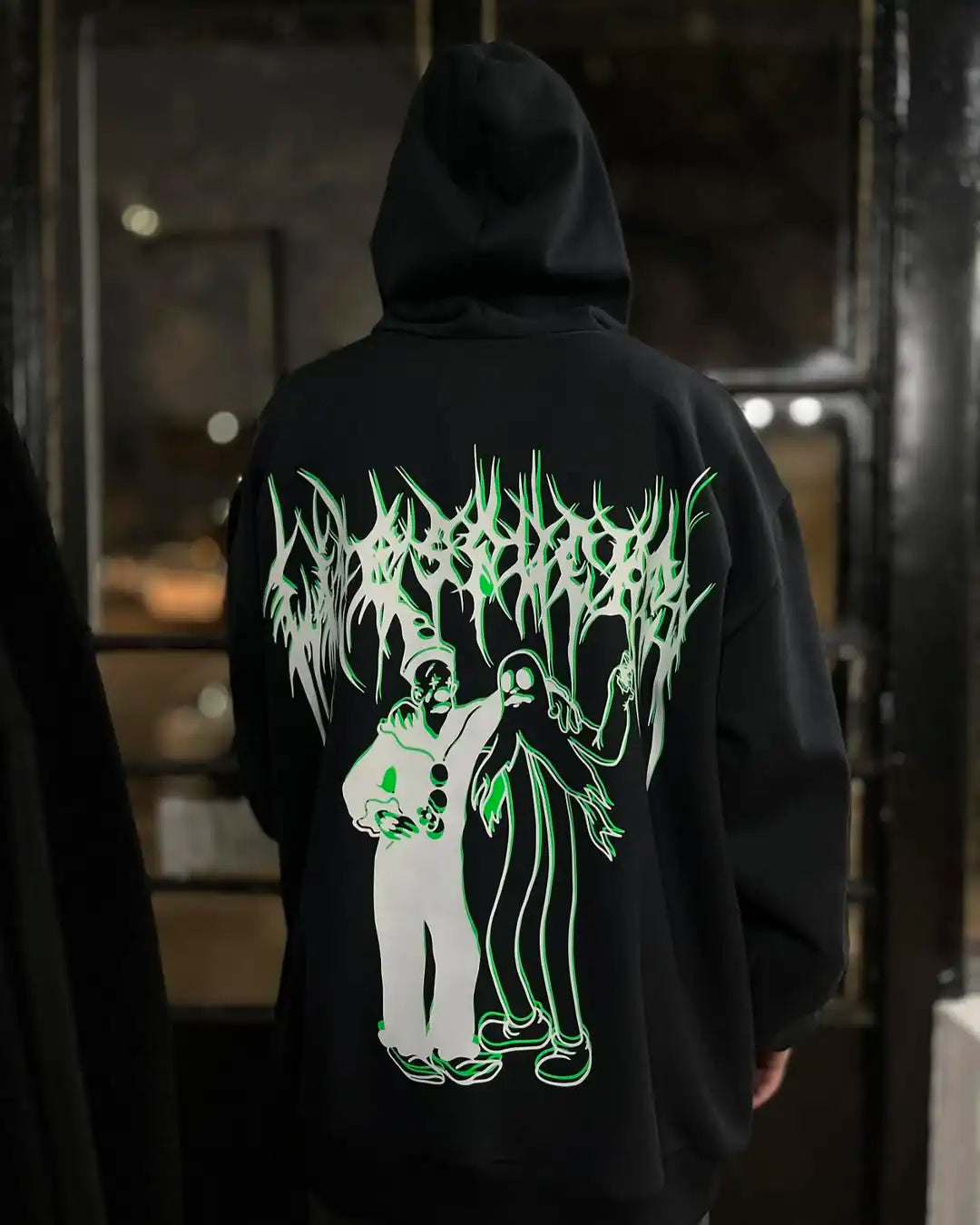 Masculino preto com capuz solto ajuste estilo rua gótico hoodie com punho impressão elegante casual urbano manga longa pulôver design na moda