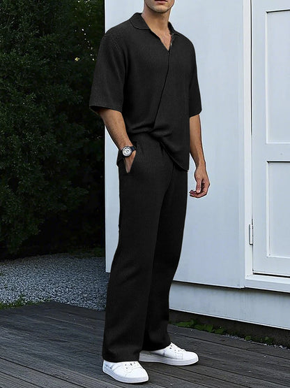 Moda verão roupas texturizadas para homens casual respirável camisa e calças duas peças define lazer masculino ternos de cor sólida