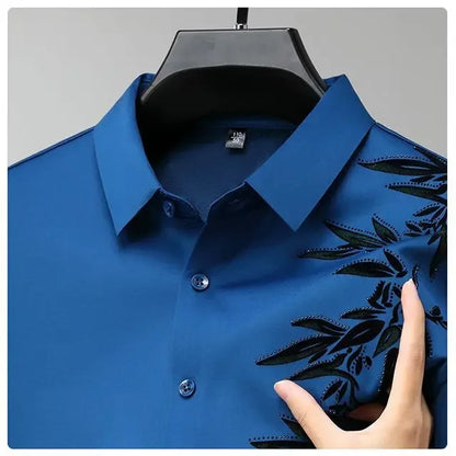 Outono inverno mais lã camisas masculinas impressão anti-rugas térmica turn-down colarinho manga longa banquete único breasted topos