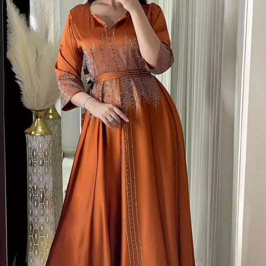 Vestido muçulmano de cetim para mulheres, Abaya Dubai, roupão de jantar, roupas diamantadas, moda