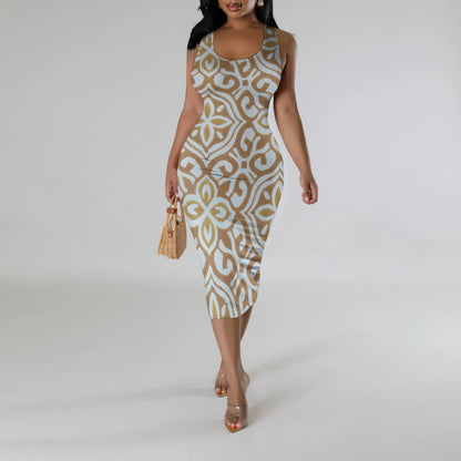 Vestido casual feminino estampado alça de ombro vestido justo vestido sem mangas vestido de festa
