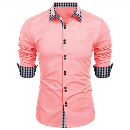 Nova camisa masculina-camiseta tradicional de manga comprida trespassado de cor lisa solta camisa de escritório-top casual de negócios masculino