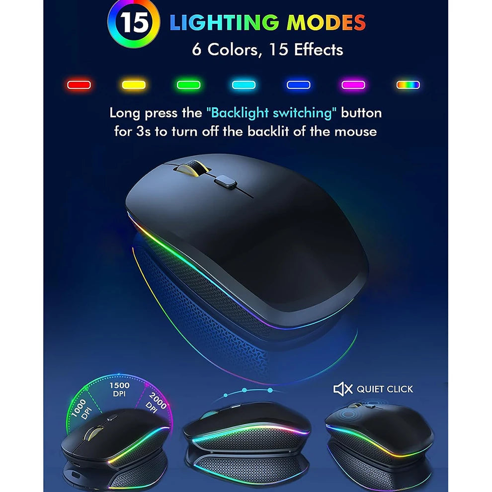 Combo de Teclado e Mouse sem Fio, 2.4G, RGB, Retroiluminado, Recarregável, Tamanho Grande, Ergonômico, Tipo-C