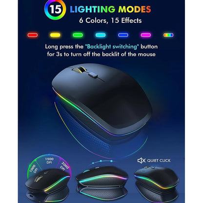 Combo de Teclado e Mouse sem Fio, 2.4G, RGB, Retroiluminado, Recarregável, Tamanho Grande, Ergonômico, Tipo-C