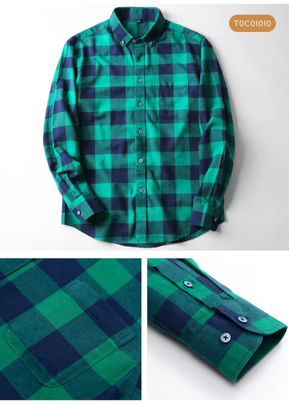 Moda masculina casual xadrez escovado camisa de manga longa, confortável 100% algodão botão para baixo fino ajuste grosso flanela camisas de outono