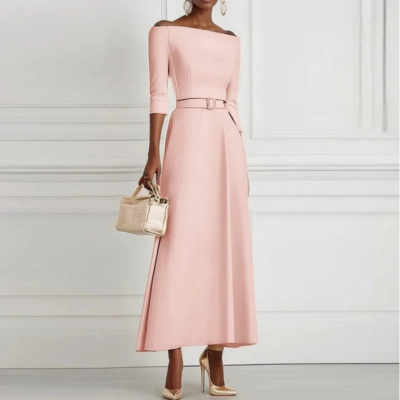 Vestidos de festa elegantes para mulheres um ombro meia manga cintura alta a linha vestido longo feminino vestido de escritório branco