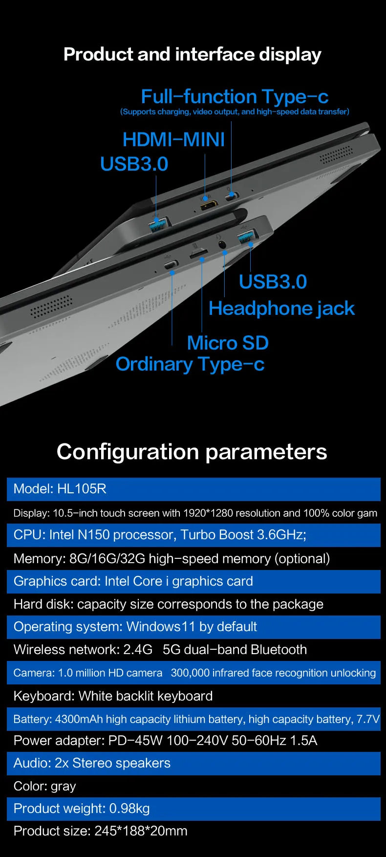 Crelander Yoga Laptop 360° Rotação CPU Intel N150 10,5" Tela sensível ao toque 2K 60Hz Taxa de atualização M2 SSD Desbloqueio facial Mini Laptop