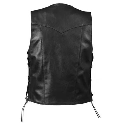 Colete jeans masculino estilo punk com detalhes de renda lateral, perfeito para festas e passeios de motocicleta