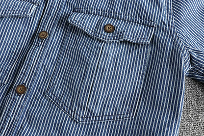 Camisa jeans vintage para homens, moda europeia e americana, casaco casual, tecido listrado com fios tingidos, lavado