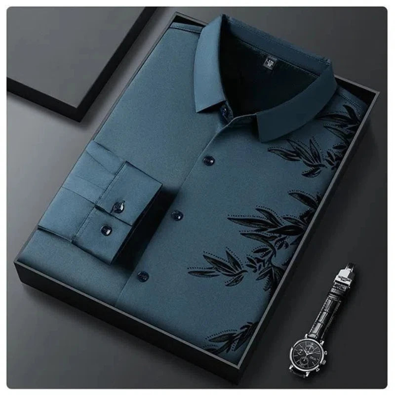 Outono inverno mais lã camisas masculinas impressão anti-rugas térmica turn-down colarinho manga longa banquete único breasted topos