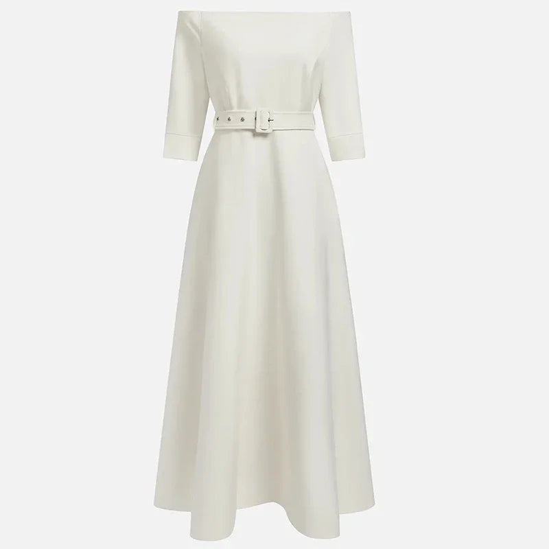 Vestidos de festa elegantes para mulheres um ombro meia manga cintura alta a linha vestido longo feminino vestido de escritório branco
