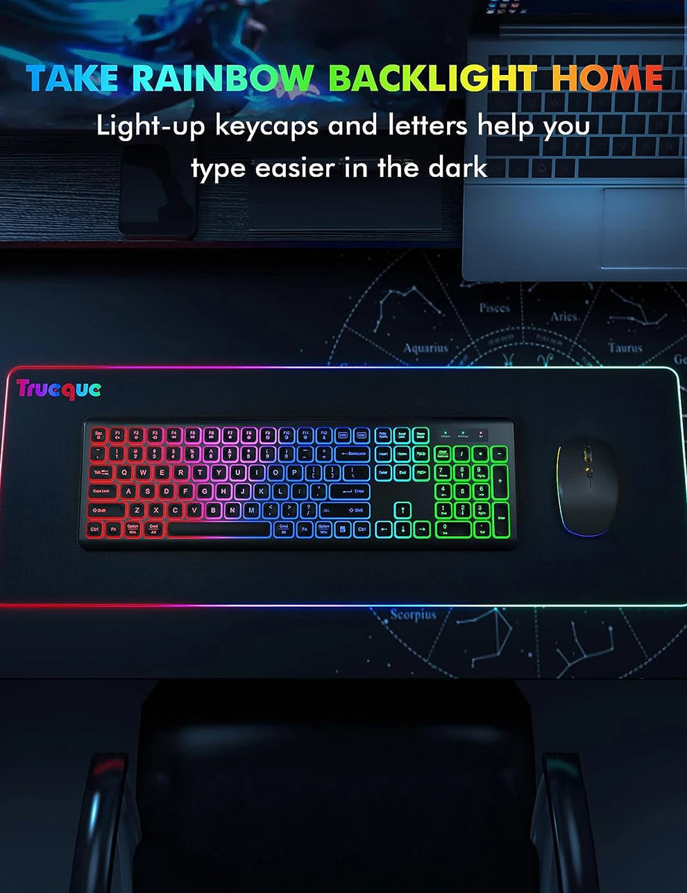 Combo de Teclado e Mouse sem Fio, 2.4G, RGB, Retroiluminado, Recarregável, Tamanho Grande, Ergonômico, Tipo-C