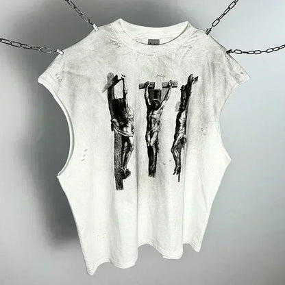 Crânio vermelho impressão de dedo buraco danificado saint tanque t das mulheres dos homens streetwear colete de grandes dimensões vintage washe preto sem mangas t camisa