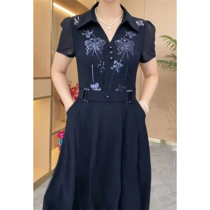 Mulheres estilo ocidental vestido verão primavera nova moda high-end lantejoulas vestidos longos mãe de meia idade elegante magro vestidos mujer