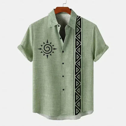Camisa masculina vintage padrão étnico impresso manga curta lapela camisa verão moda casual rua lapela topo tamanho grande comf