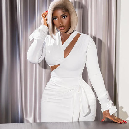 Elegante vestido de manga comprida bodycon feminino, Oco Out, Com Renda, Sem Costas, Atadura, Preto, Branco, Clube, Festa