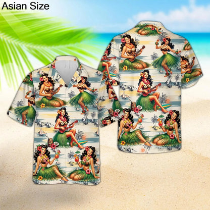 Camisas Hula Girl Aloha, camisas havaianas amarelas Hula Girl Beach, manga curta retrô, camisas unissex de verão Aloha Beach, tops femininos