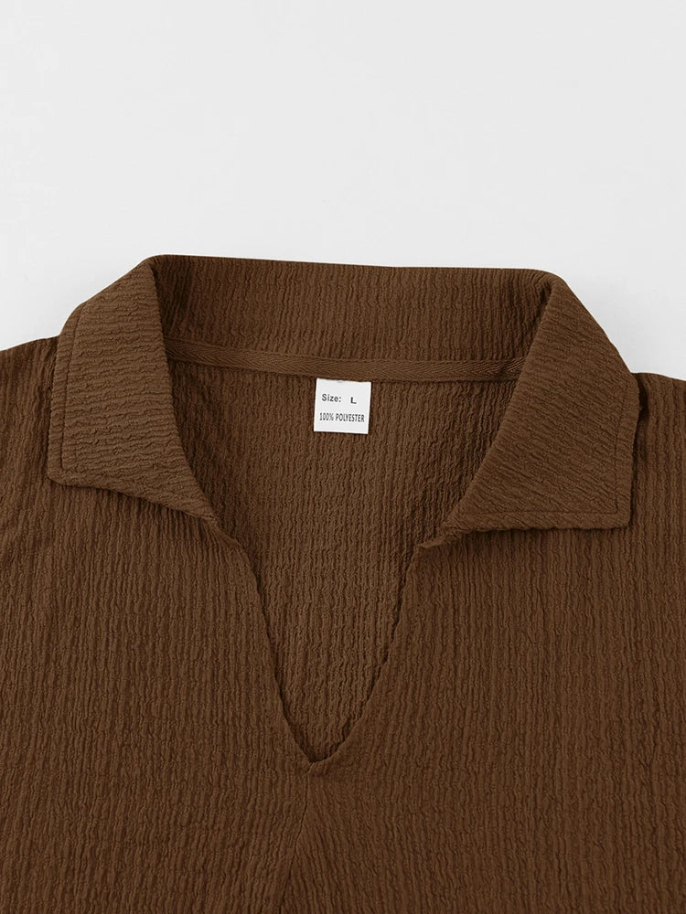 Moda verão roupas texturizadas para homens casual respirável camisa e calças duas peças define lazer masculino ternos de cor sólida