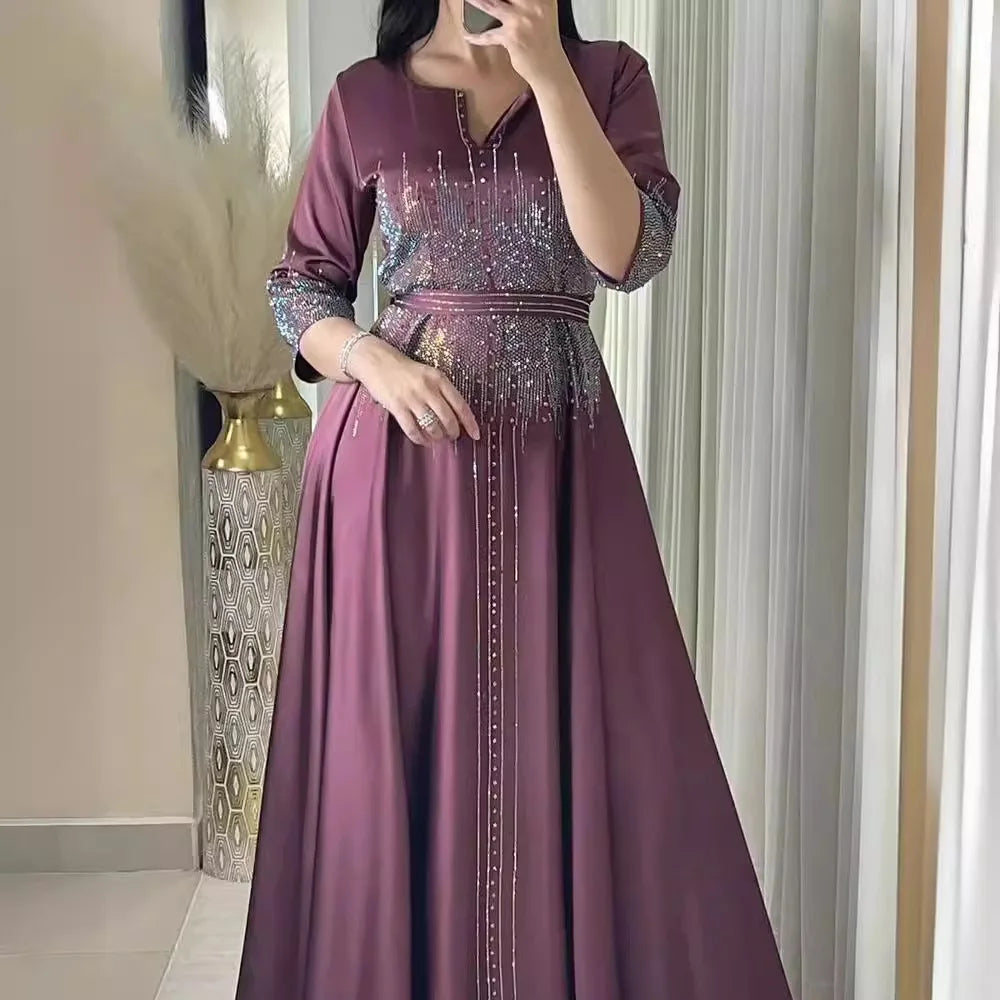 Vestido muçulmano de cetim para mulheres, Abaya Dubai, roupão de jantar, roupas diamantadas, moda