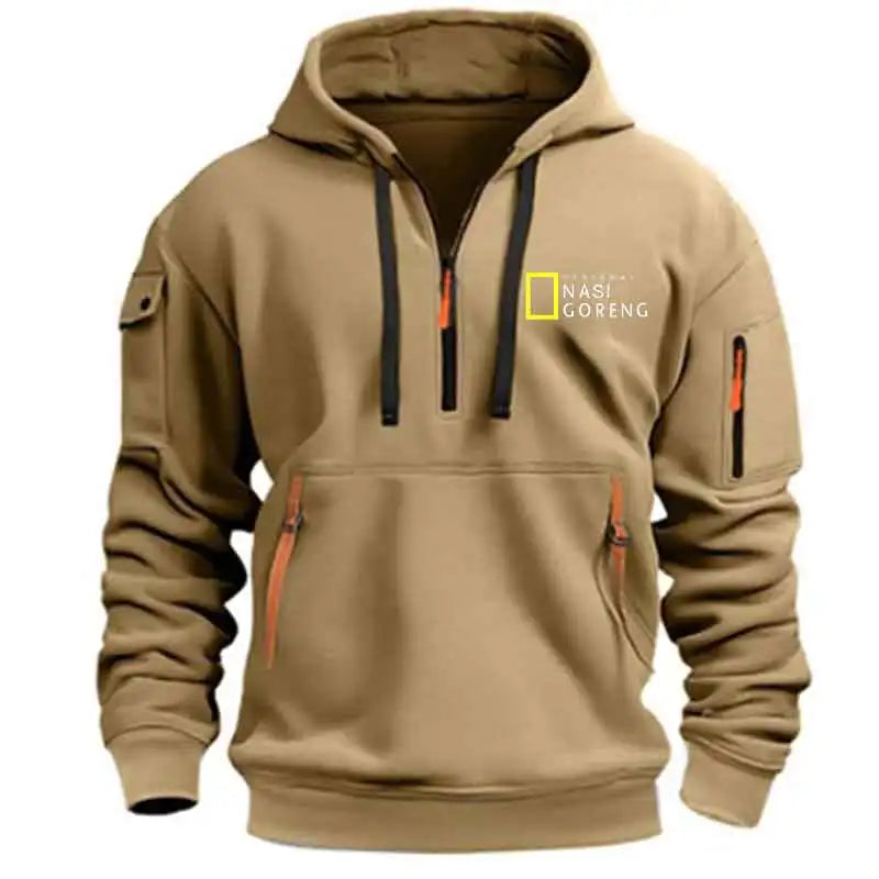 2025 meio zíper impressão hoodie masculino multi-bolso casual esportes manga longa com capuz moletom diário moda fitness pulôver
