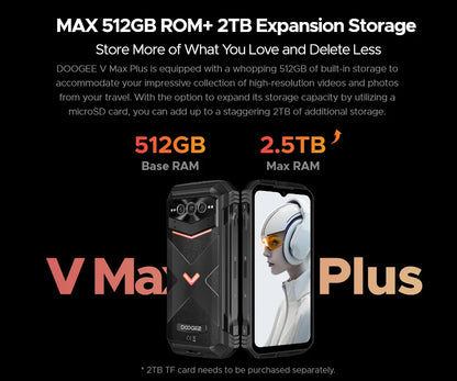 Estreia mundial doogee v max plus telefone robusto 22000mah 36gb (16 +20) 512gb 200mp câmera telefone 6.58 "120hz dimensão 7050 android14