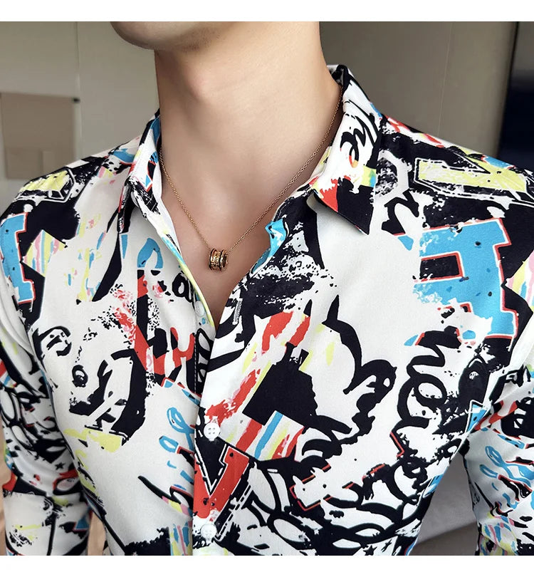 Camisa Coreana Estampada Masculina, Manga Comprida, Fina, Vestido, Festa, Negócios, Social, Boutique, Luxo, Primavera, Outono, 6XL