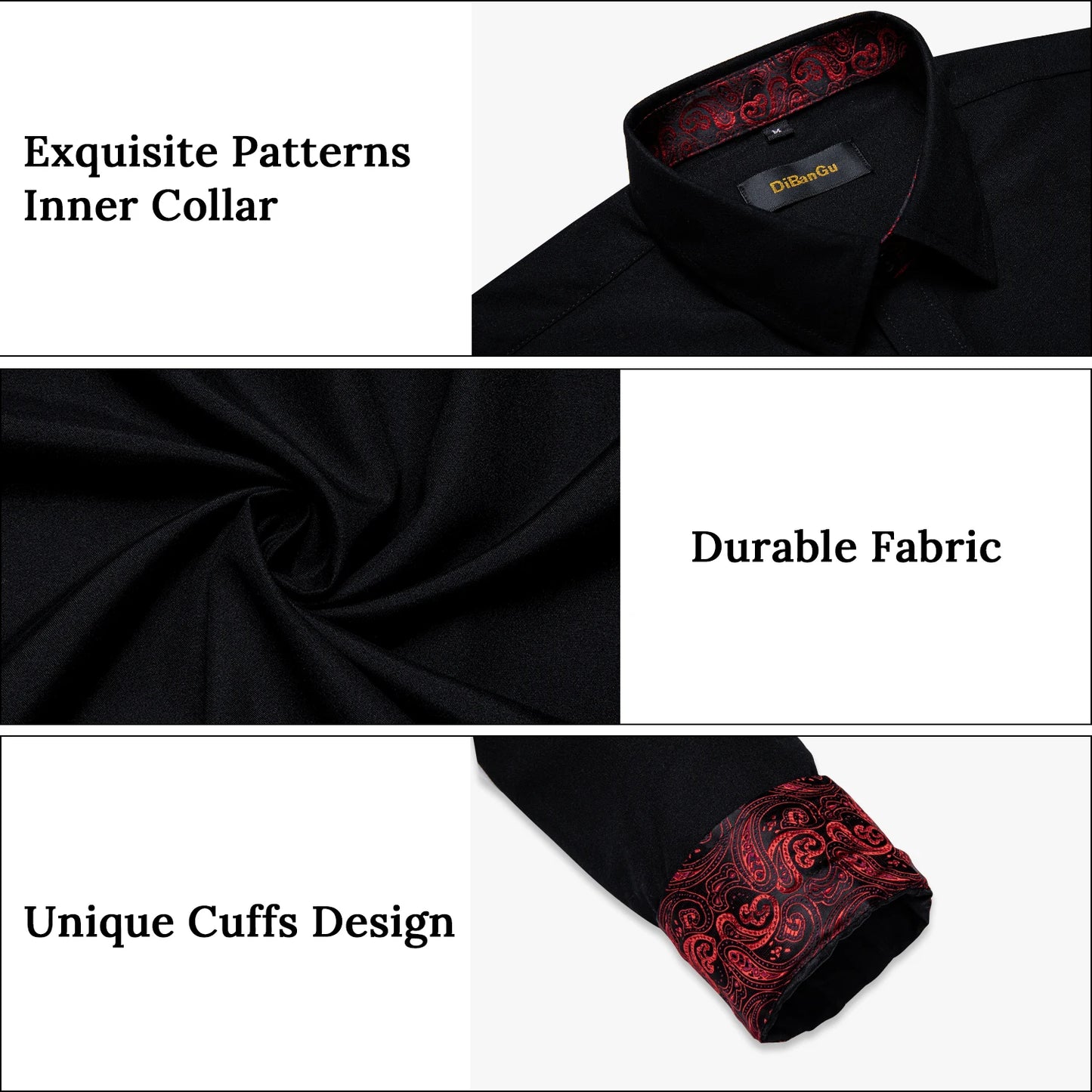 DiBanGu Camisa Masculina de Manga Longa Preto Sólido Vermelho Paisley Cor Contraste Moda Vestido Camisa para Homens Gola Botão para baixo Roupas Masculinas