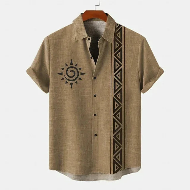 Camisa masculina vintage padrão étnico impresso manga curta lapela camisa verão moda casual rua lapela topo tamanho grande comf