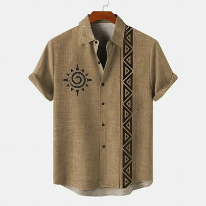 Camisa masculina vintage padrão étnico impresso manga curta lapela camisa verão moda casual rua lapela topo tamanho grande comf