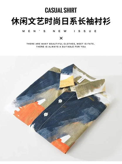 Primavera japonês cor-bloqueio graffiti design camisa de manga comprida personalidade na moda masculina solta casual impressão versátil