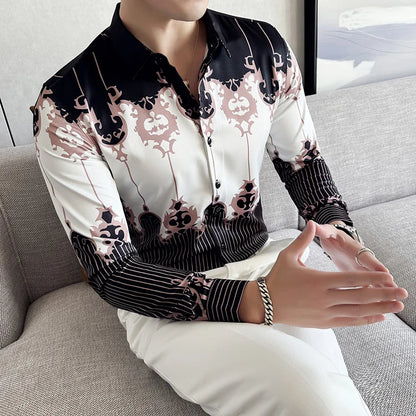 Camisa Coreana Estampada Masculina, Manga Comprida, Fina, Vestido, Festa, Negócios, Social, Boutique, Luxo, Primavera, Outono, 6XL
