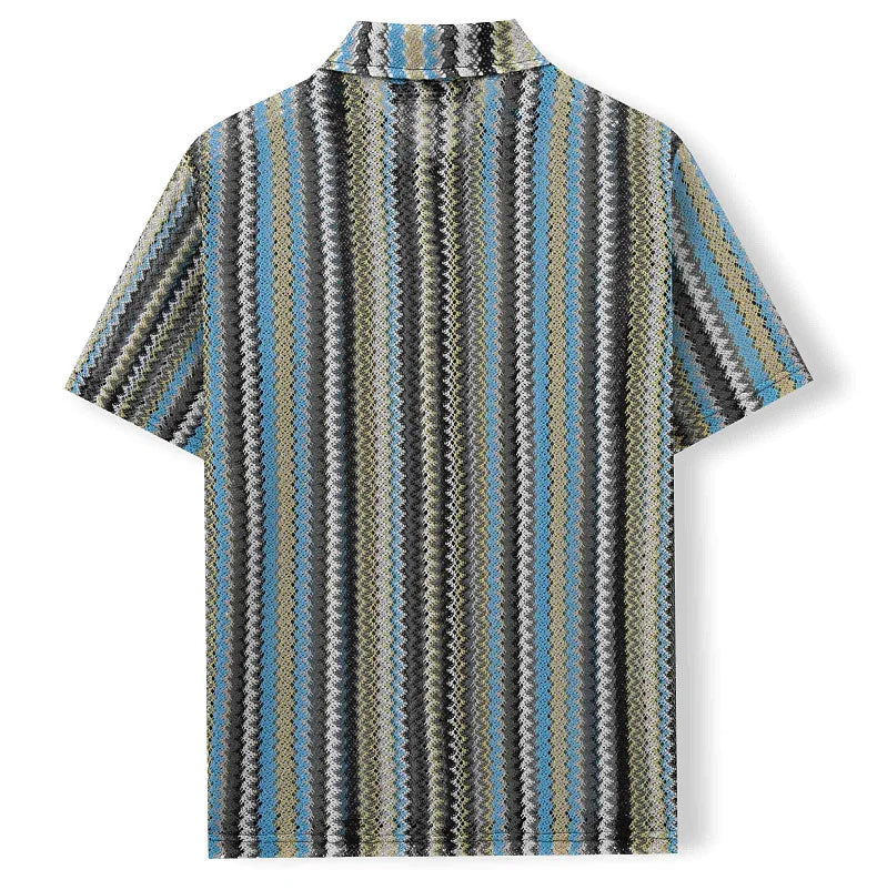 Novo étnico listrado masculino cardigan topos chique oco para fora manga curta casual camisa de renda moda streetwear premium blusa respirável