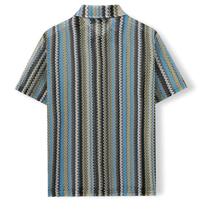 Novo étnico listrado masculino cardigan topos chique oco para fora manga curta casual camisa de renda moda streetwear premium blusa respirável