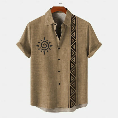 Camisa masculina vintage padrão étnico impresso manga curta lapela camisa verão moda casual rua lapela topo tamanho grande comf