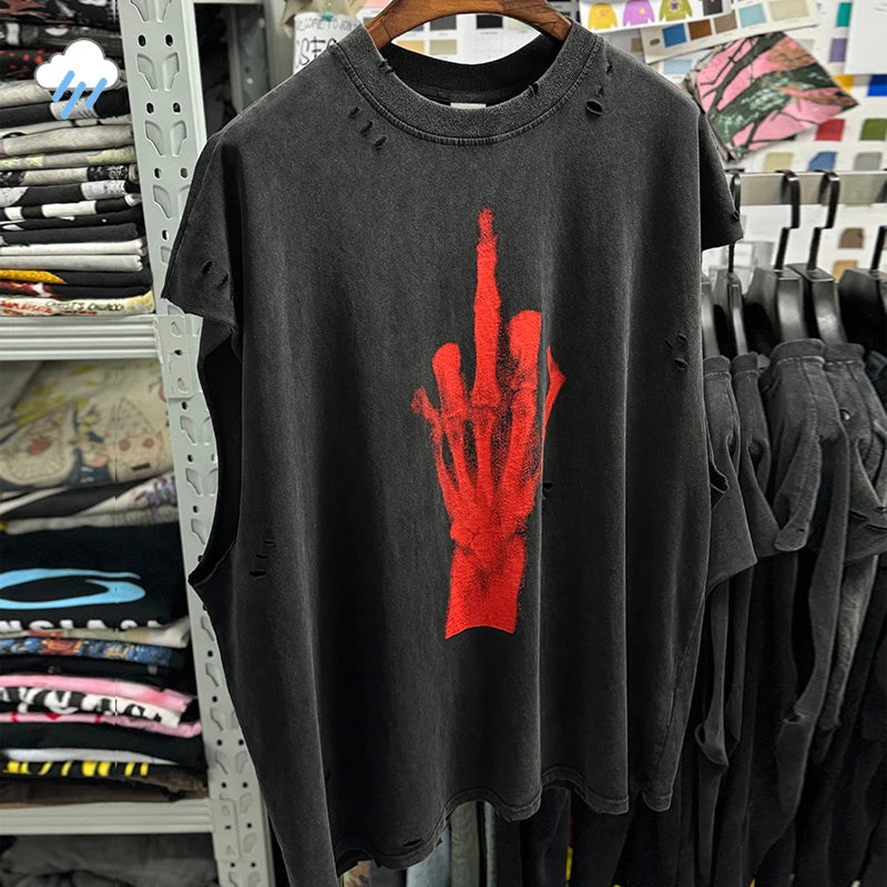Crânio vermelho impressão de dedo buraco danificado saint tanque t das mulheres dos homens streetwear colete de grandes dimensões vintage washe preto sem mangas t camisa