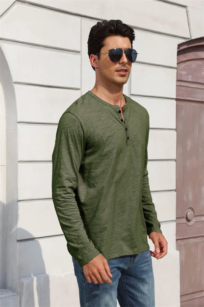 Outono nova camiseta masculina de manga longa casual estilo simples henley pescoço respirável leve algodão topos moda masculina