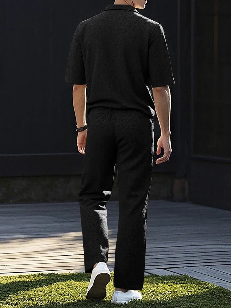 Moda verão roupas texturizadas para homens casual respirável camisa e calças duas peças define lazer masculino ternos de cor sólida