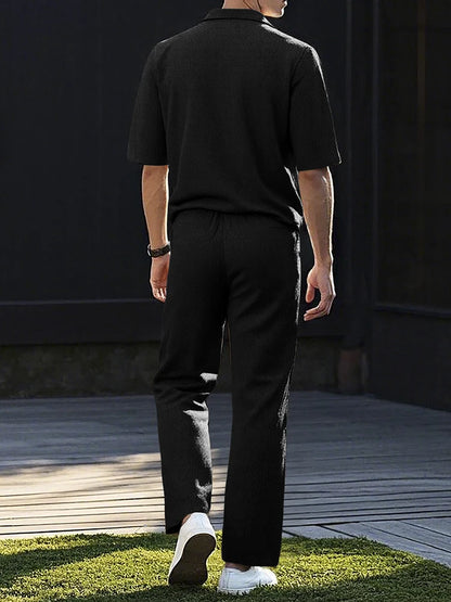 Moda verão roupas texturizadas para homens casual respirável camisa e calças duas peças define lazer masculino ternos de cor sólida