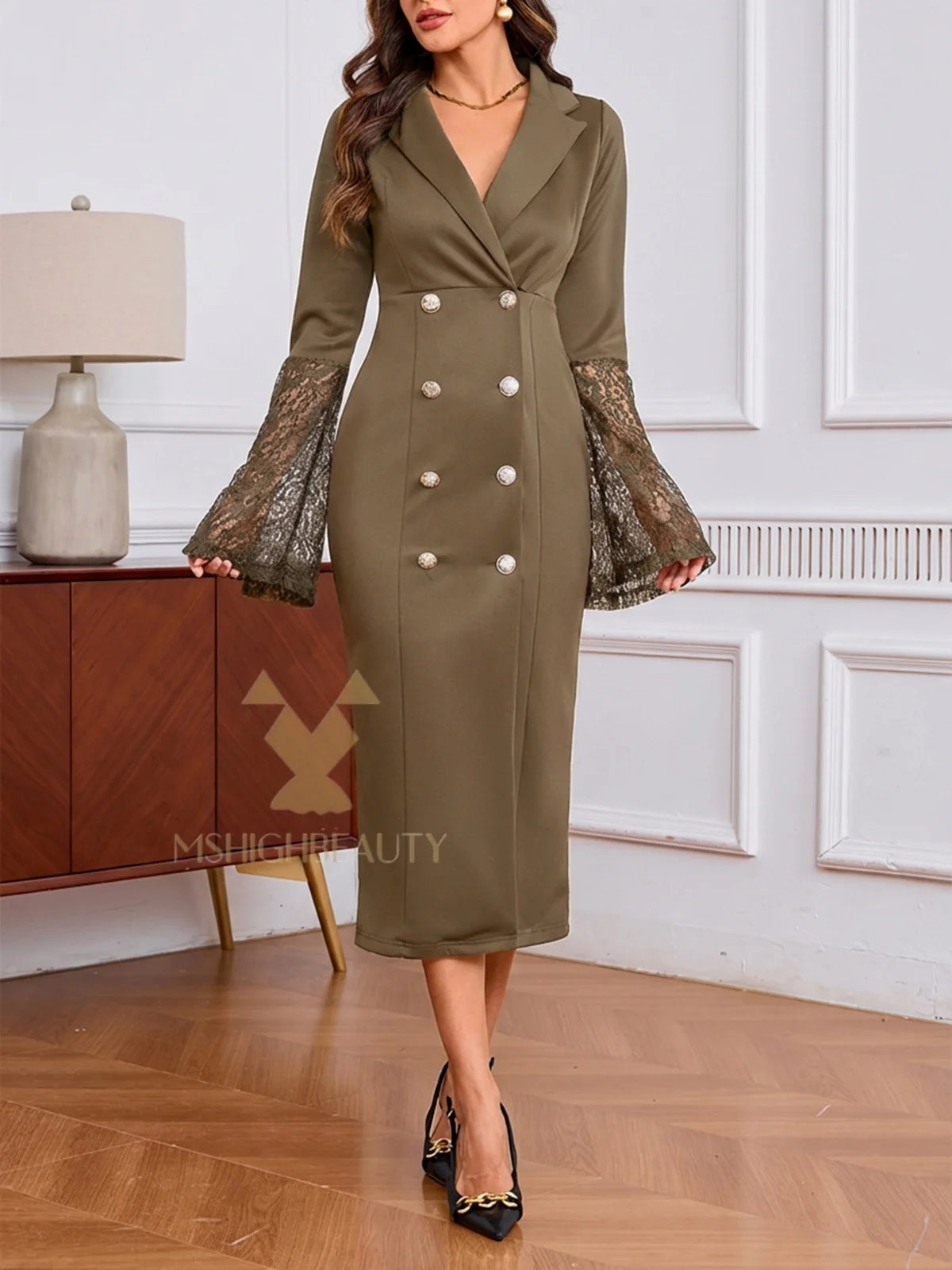 Vestido blazer real feminino manga comprida renda sino punhos duplo breasted com cinto bodycon midi vestido para festa escritório