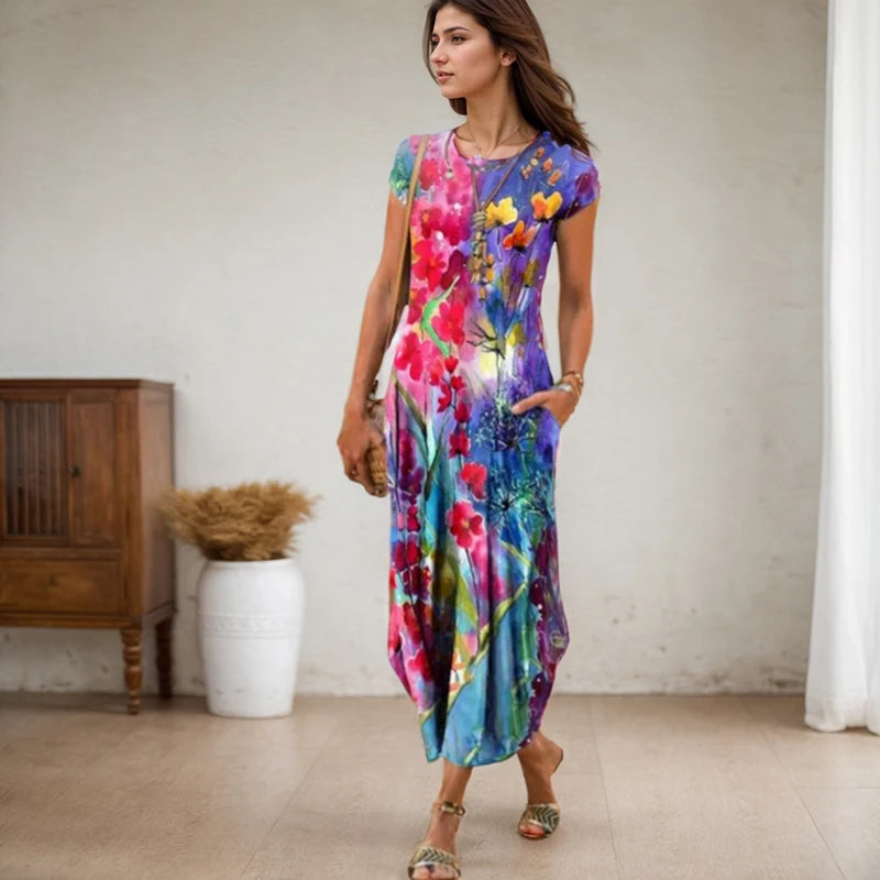 Vestidos de festa de verão novo casual moda impresso vestidos de bolso vintage floral impressão manga curta vestidos arty para mulher