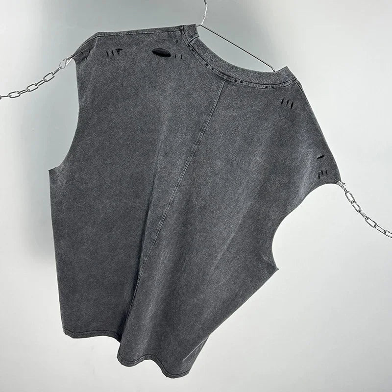 Crânio vermelho impressão de dedo buraco danificado saint tanque t das mulheres dos homens streetwear colete de grandes dimensões vintage washe preto sem mangas t camisa