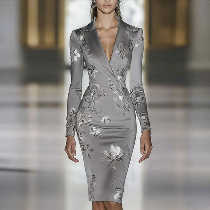 Mulher roupas vestidos 2025 primavera floral impressão bodycon elegante vestido de noite outono manga longa turn-down colarinho vestidos de viagem
