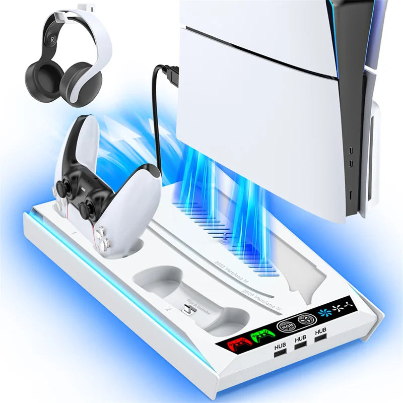 PS5/ PS5 Slim/ PS5 Pro Suporte para disco e console digital PS5 Estação de resfriamento e carregamento com ventilador de 3 níveis Carregador de controlador PS5