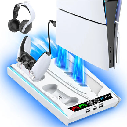 PS5/ PS5 Slim/ PS5 Pro Suporte para disco e console digital PS5 Estação de resfriamento e carregamento com ventilador de 3 níveis Carregador de controlador PS5